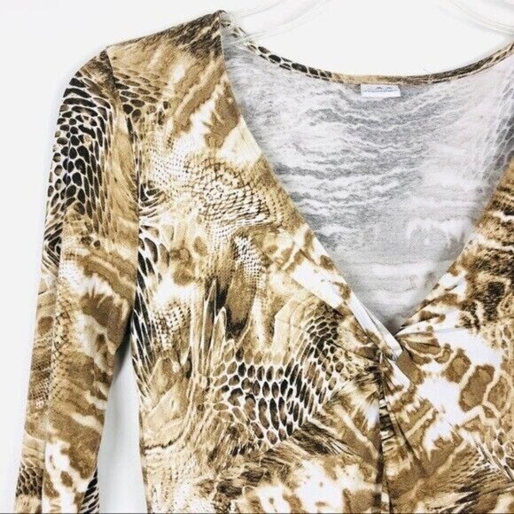 Three Dots Knot Front Snake Print Top 3/4 Sleeves S Brown V-Neck - Picture 2 of 7